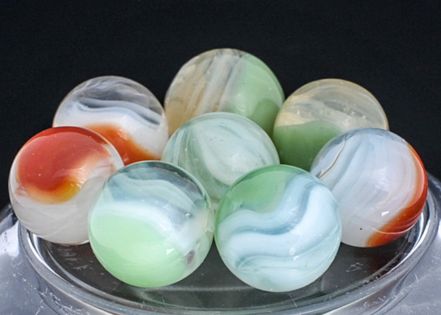 Eight Vintage Vitro Agate Transparent Patch Marbles