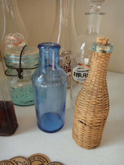 Small Vintage Handblown Blue Wicker Covered Bottle and More