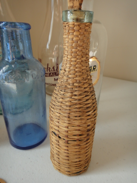 Small Vintage Handblown Blue Wicker Covered Bottle and More