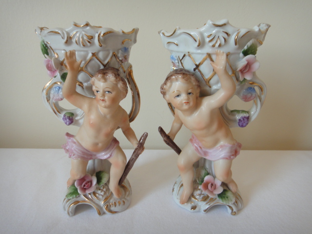 Pair of Vintage Porcelain Cherub Vases