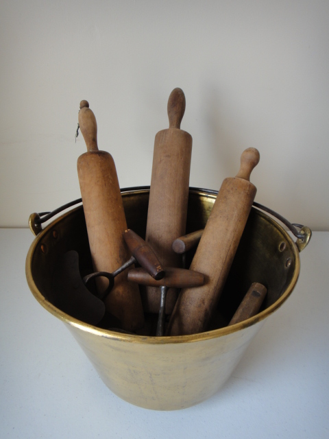 Antique Bucket, Rolling Pins and Primitive Kitchen Hand Tools