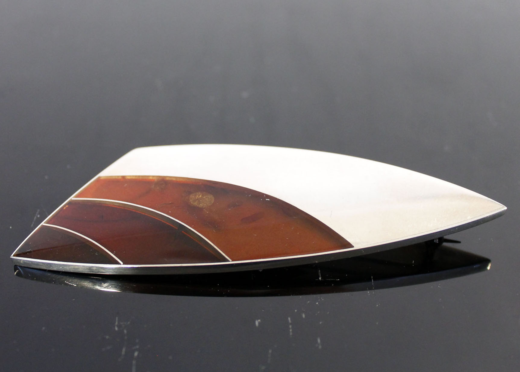 Polished Amber and Sterling Silver Brooch
