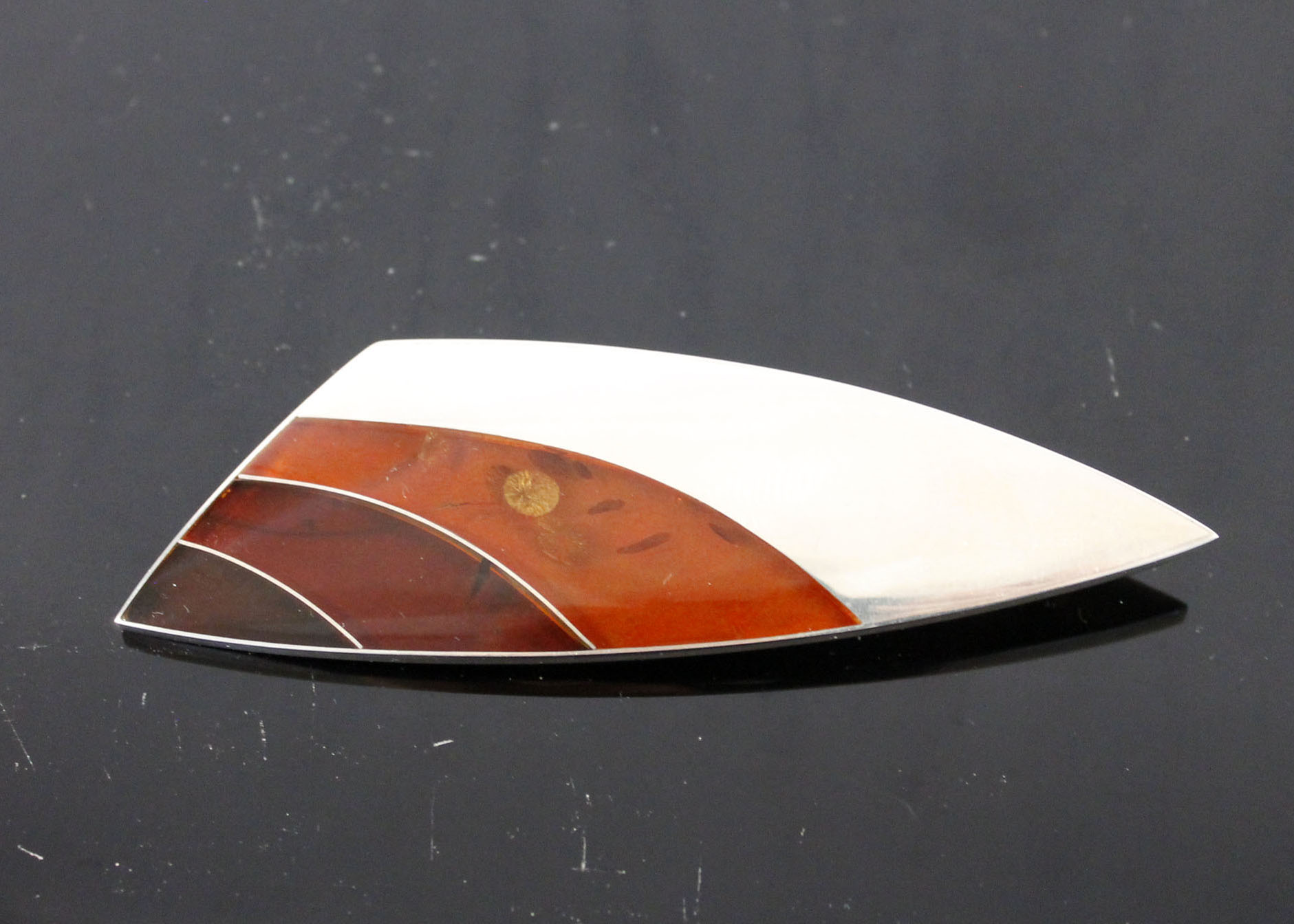 Polished Amber and Sterling Silver Brooch