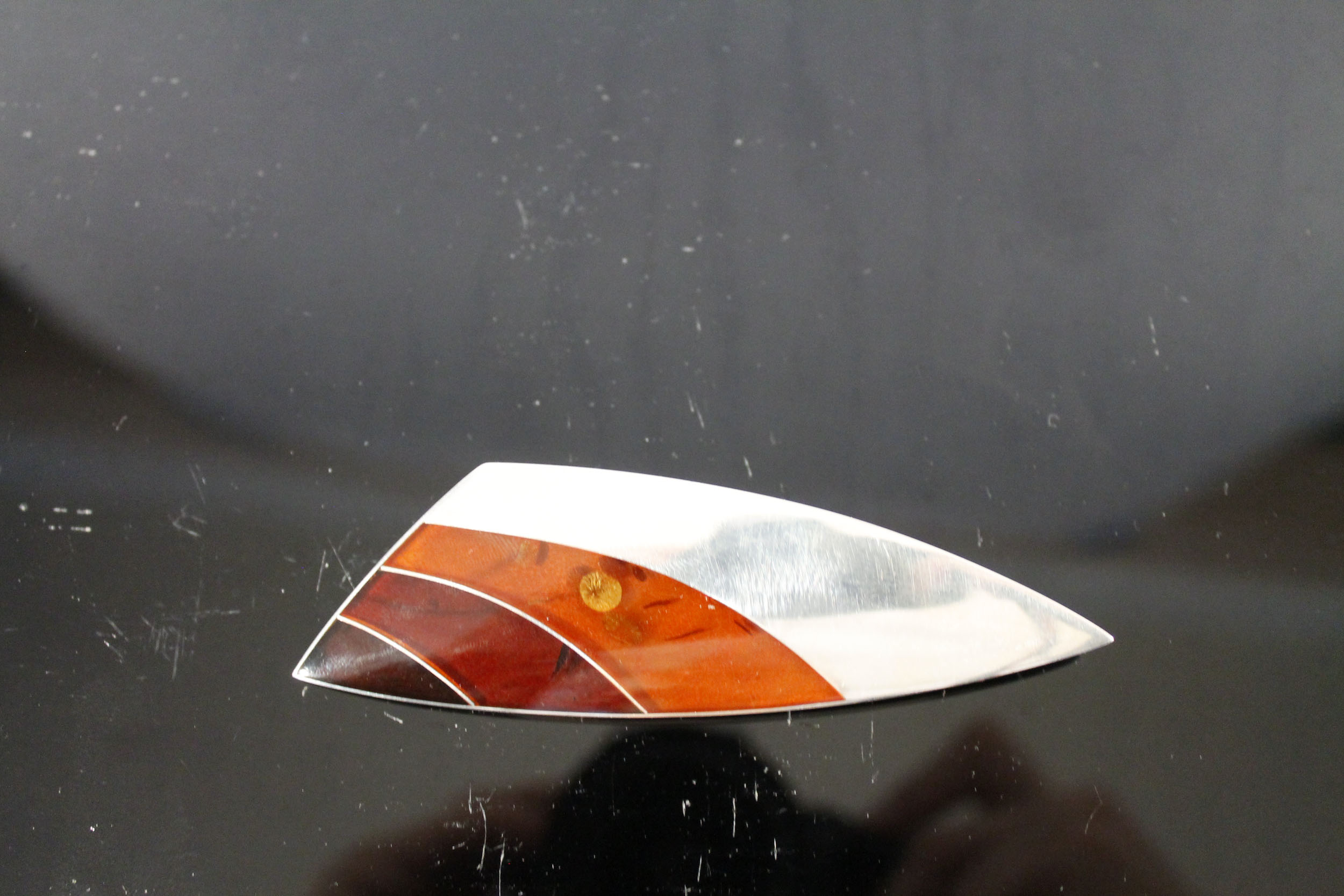 Polished Amber and Sterling Silver Brooch