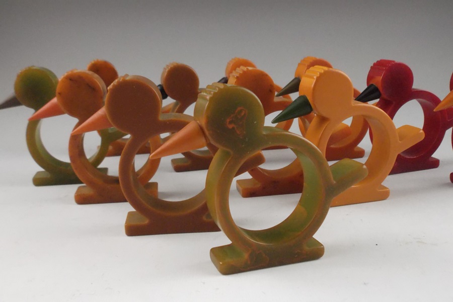 Twelve Bakelite Bird Form Napkin Rings  