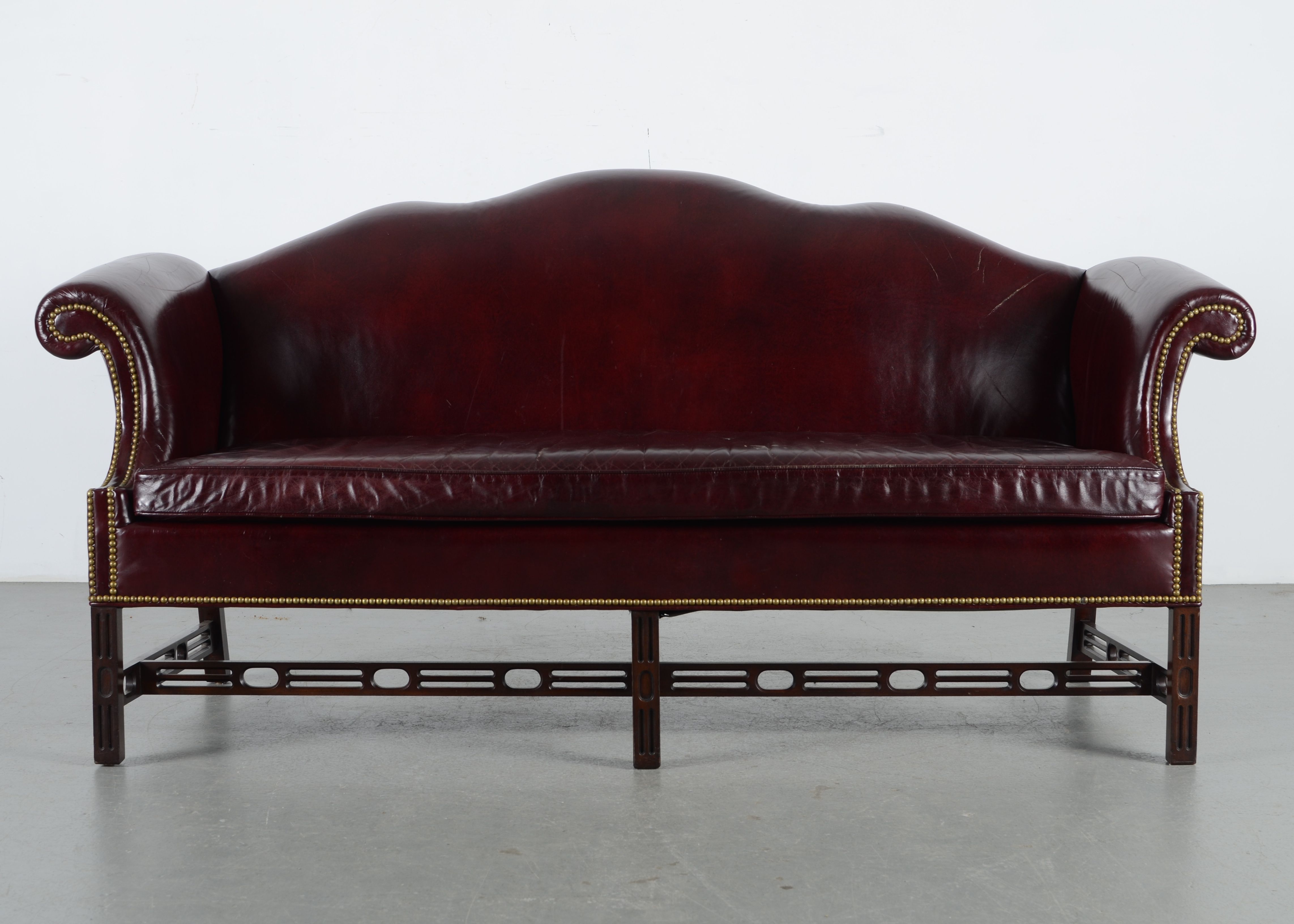 Hancock & Moore Chippendale Style Burgundy Leather Camelback Sofa