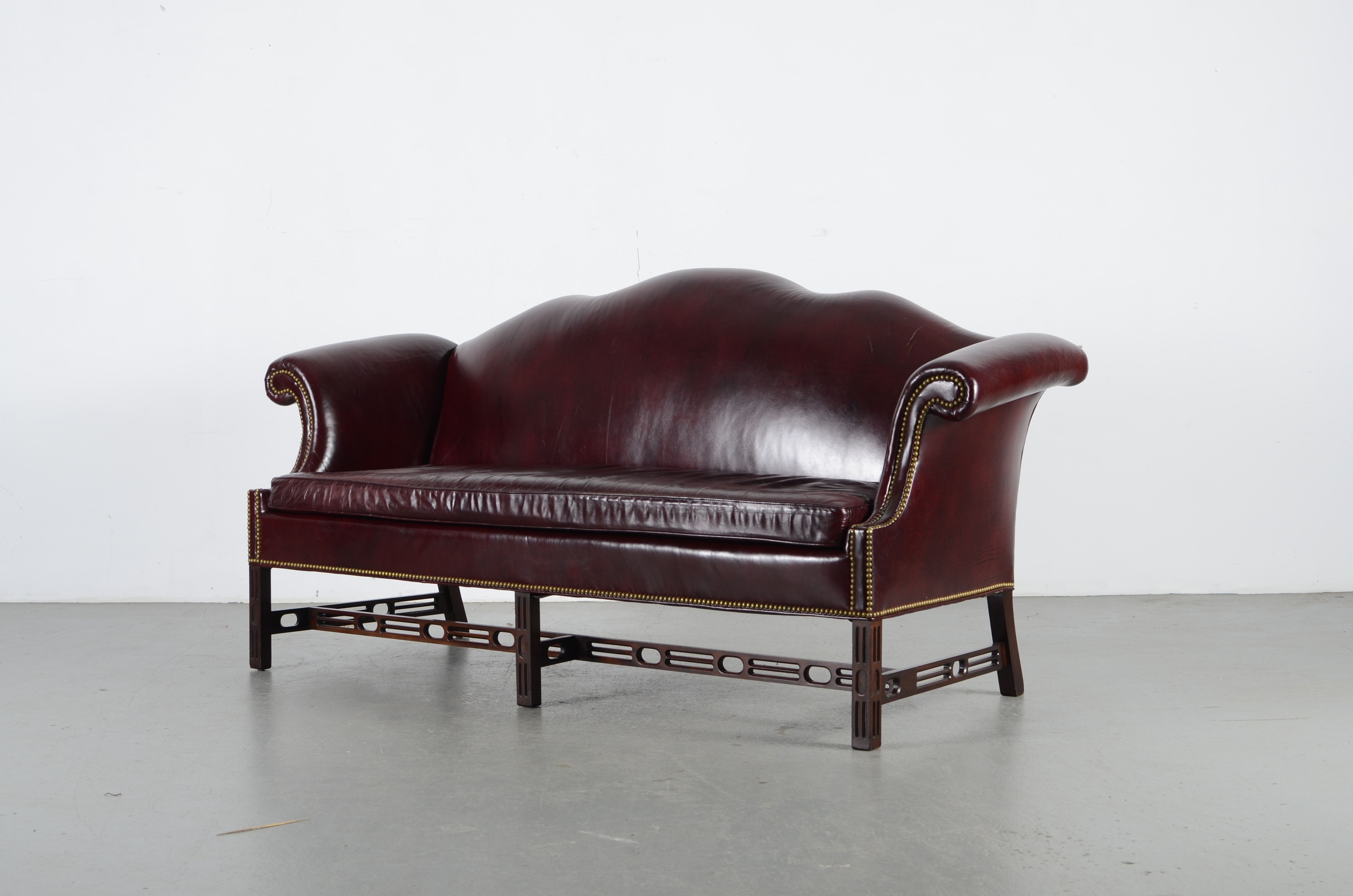 Hancock & Moore Chippendale Style Burgundy Leather Camelback Sofa