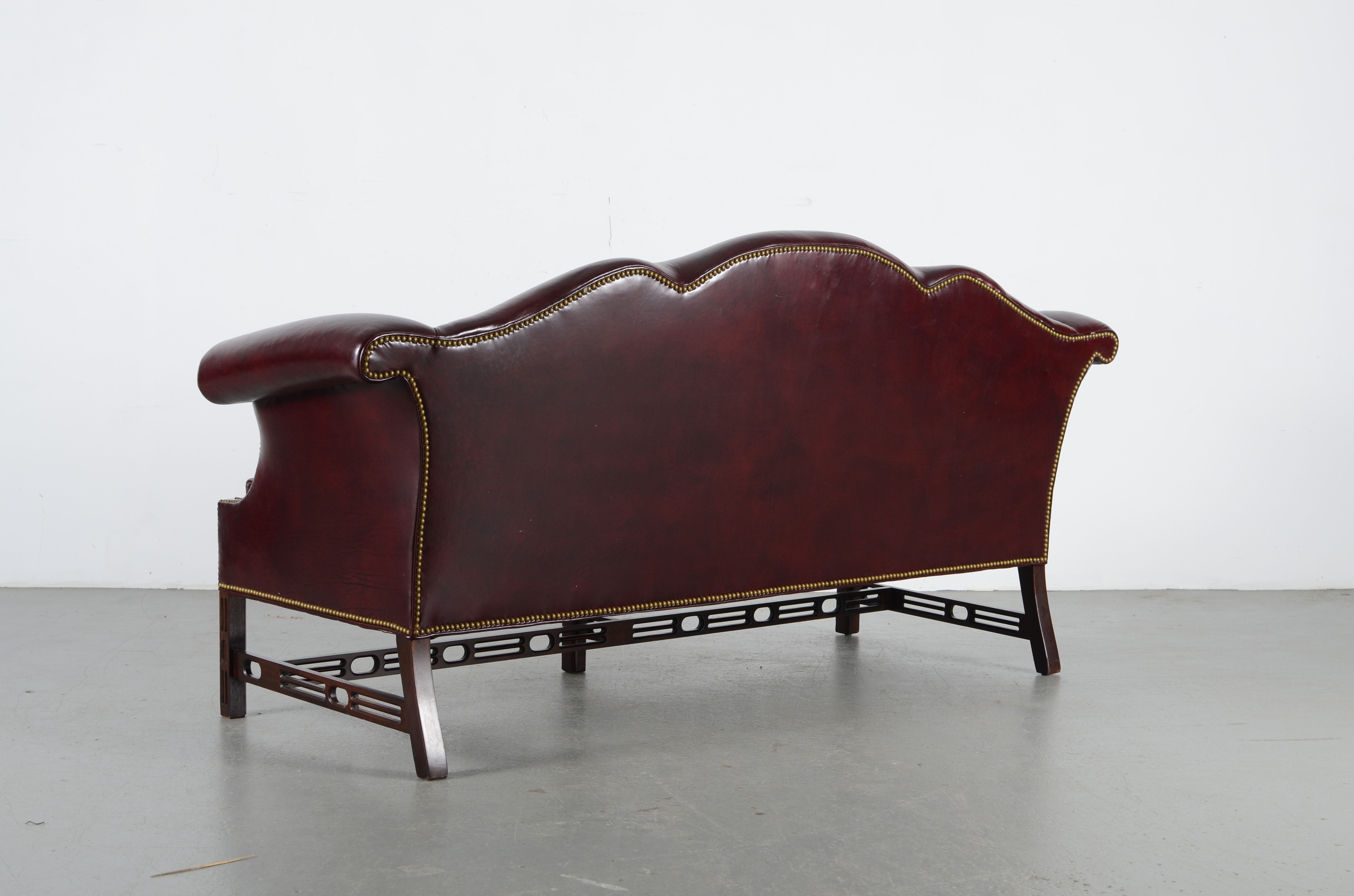Hancock & Moore Chippendale Style Burgundy Leather Camelback Sofa