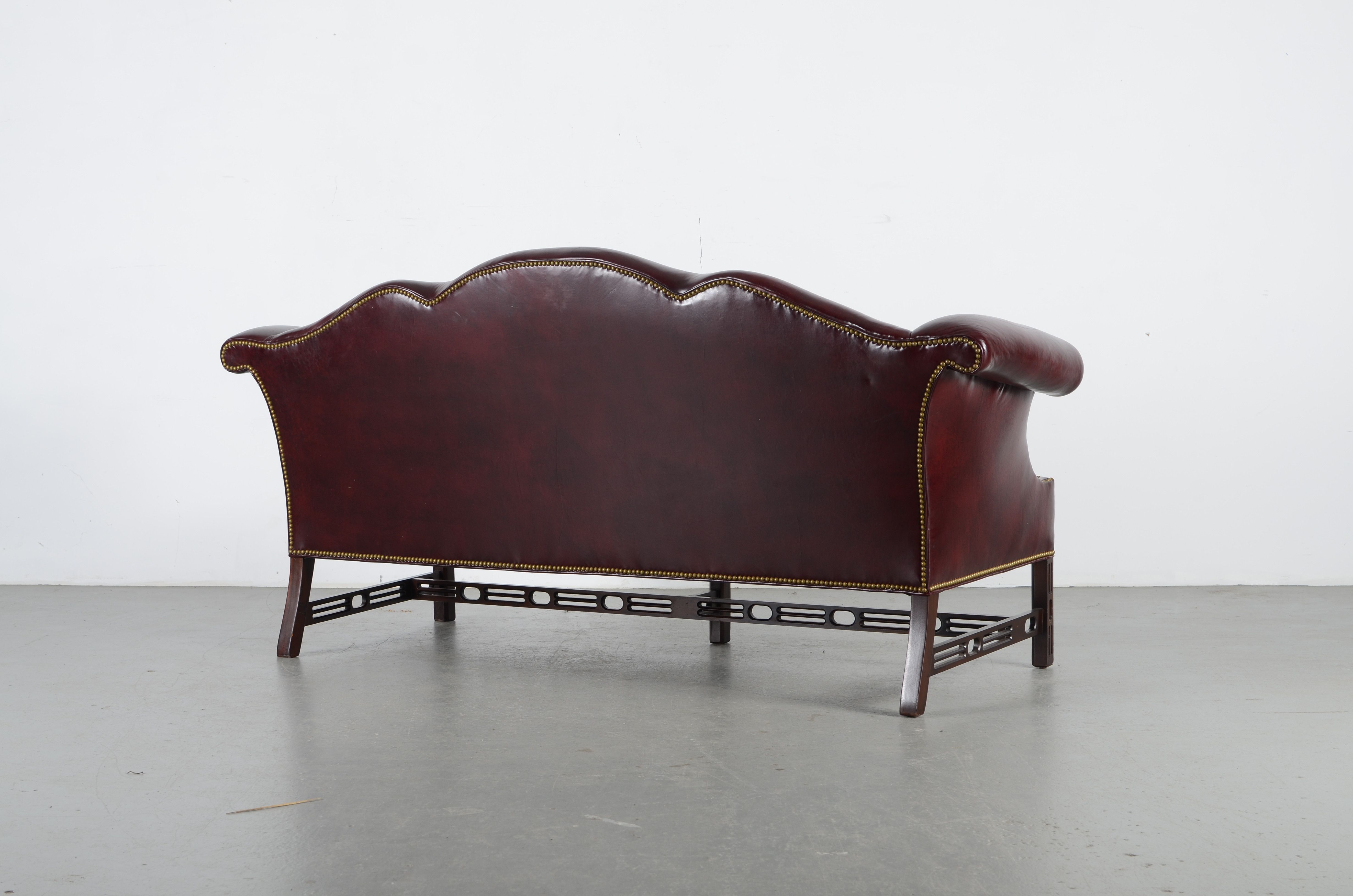 Hancock & Moore Chippendale Style Burgundy Leather Camelback Sofa