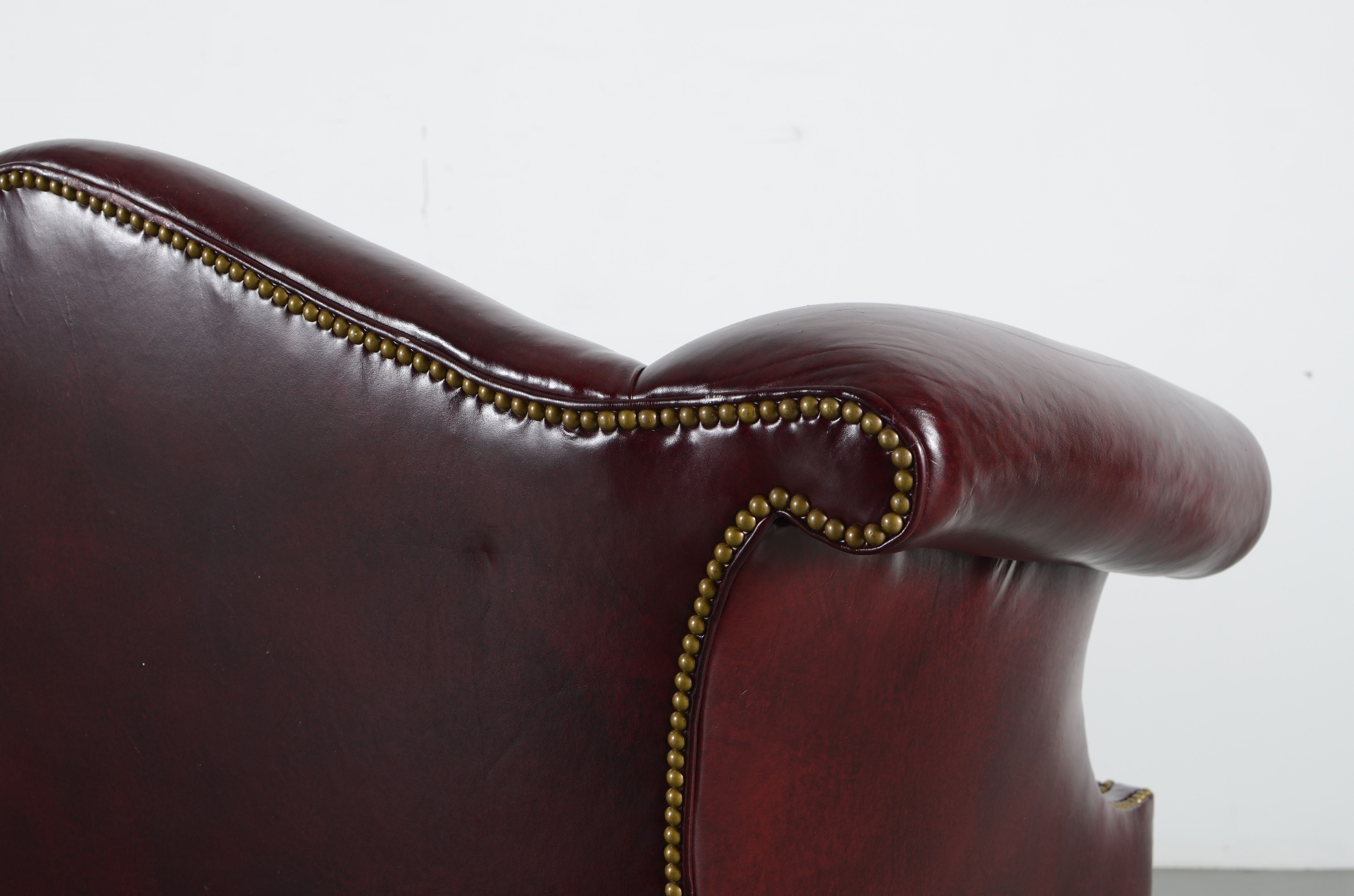 Hancock & Moore Chippendale Style Burgundy Leather Camelback Sofa