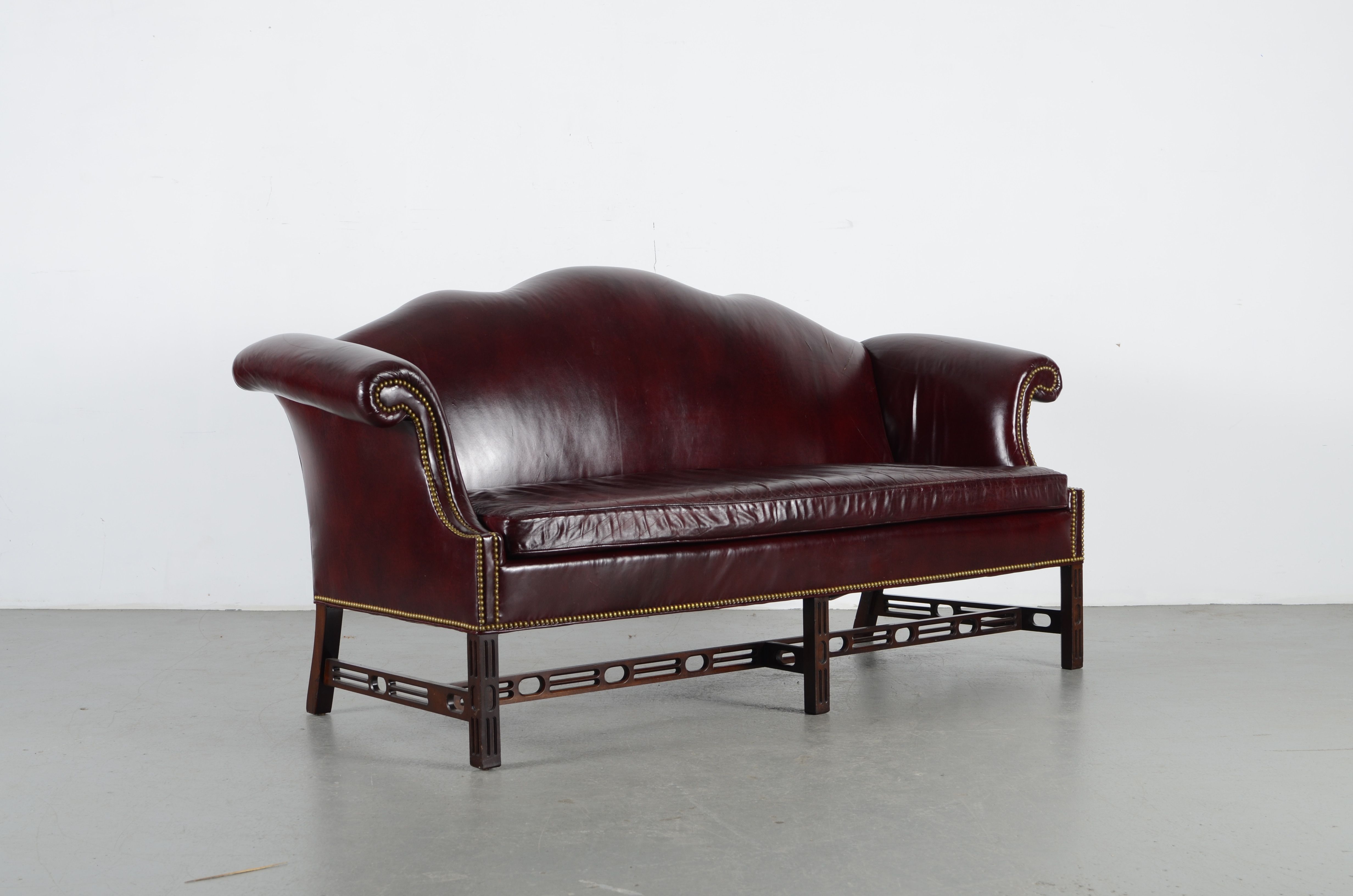 Hancock & Moore Chippendale Style Burgundy Leather Camelback Sofa