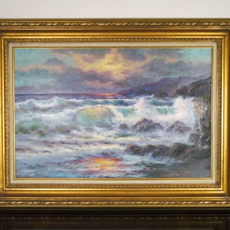 Large Signed Oceanscape Oil Painting by G. Negrete