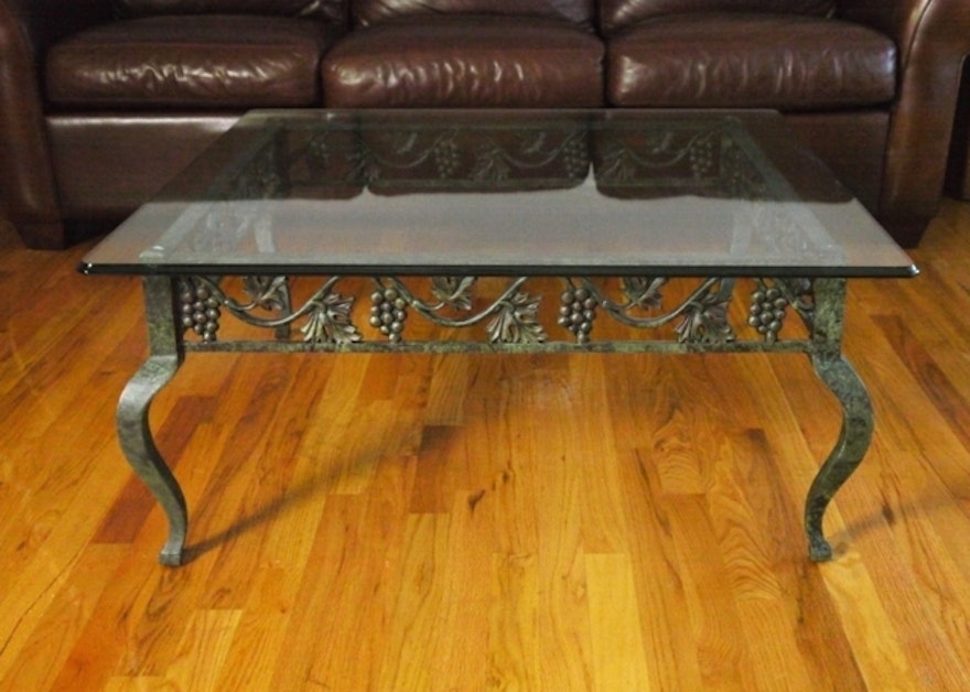 Square Cast Iron Glass Top Coffee Table with Grape Motif 