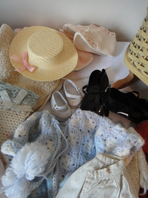 Vintage Winsum Doll Bed and Vintage Doll Cloths