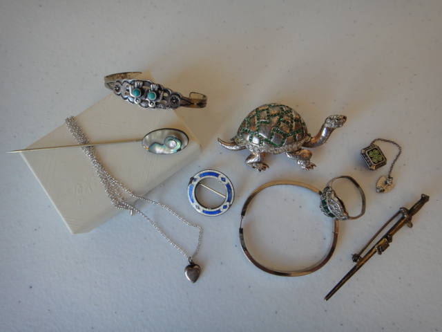 Vintage Sterling Jewelry Turtle, Childs Turquoise Bracelet & More