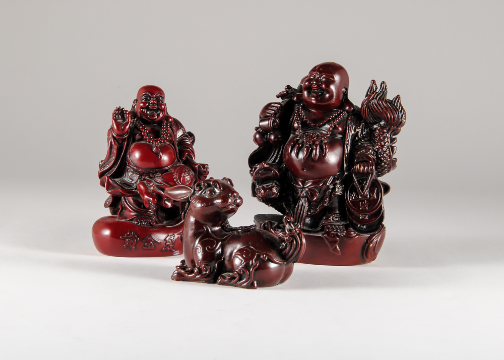 Chinese Red Resin Buddha's and Rabbit Figurines