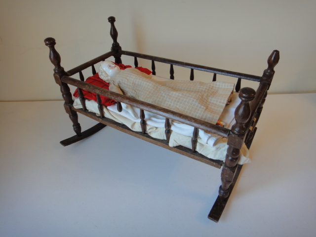 Antique RARE Blonde Hair Staffordshire China Doll In Wood Cradle