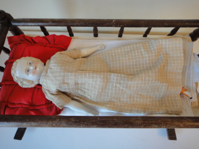 Antique RARE Blonde Hair Staffordshire China Doll In Wood Cradle