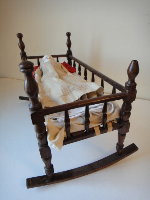 Antique RARE Blonde Hair Staffordshire China Doll In Wood Cradle