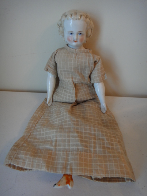 Antique RARE Blonde Hair Staffordshire China Doll In Wood Cradle