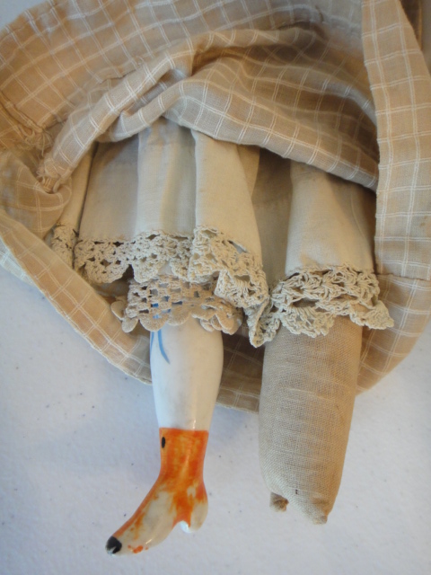 Antique RARE Blonde Hair Staffordshire China Doll In Wood Cradle