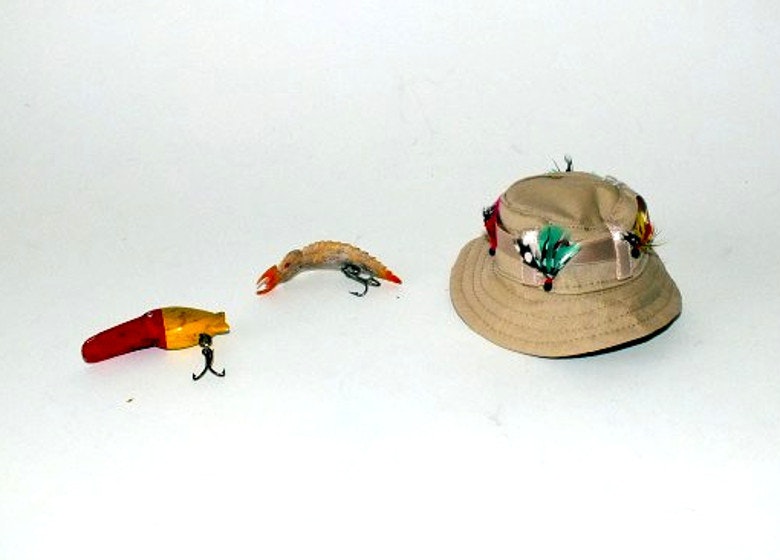 Two Vintage Fishing Lures and Mini Fisherman Hat