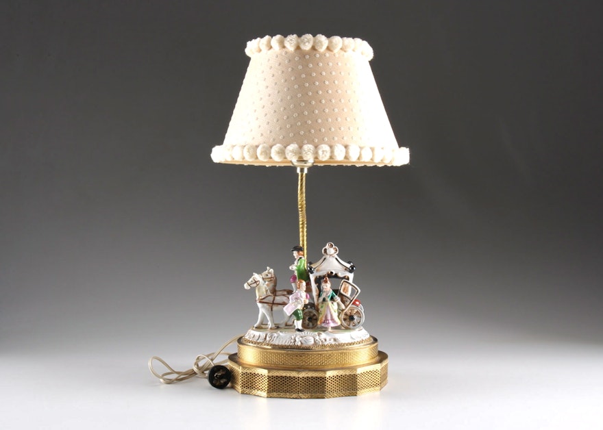 Vintage Table Lamp With Porcelain Horse-Drawn Carriage