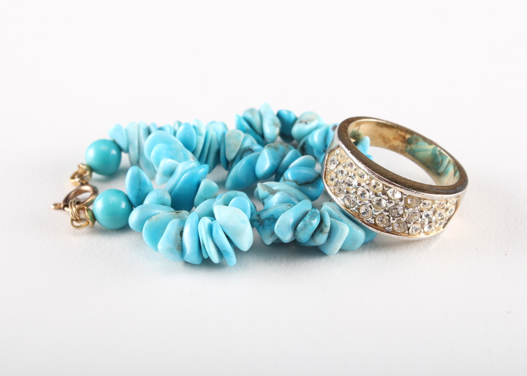 Chip Turquoise Beaded Bracelet and 18K Gold Filled Ring