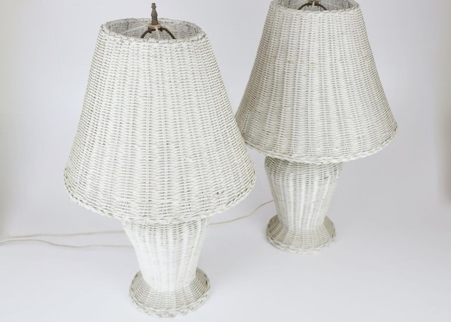 Pair of Vintage White Wicker Table Lamps