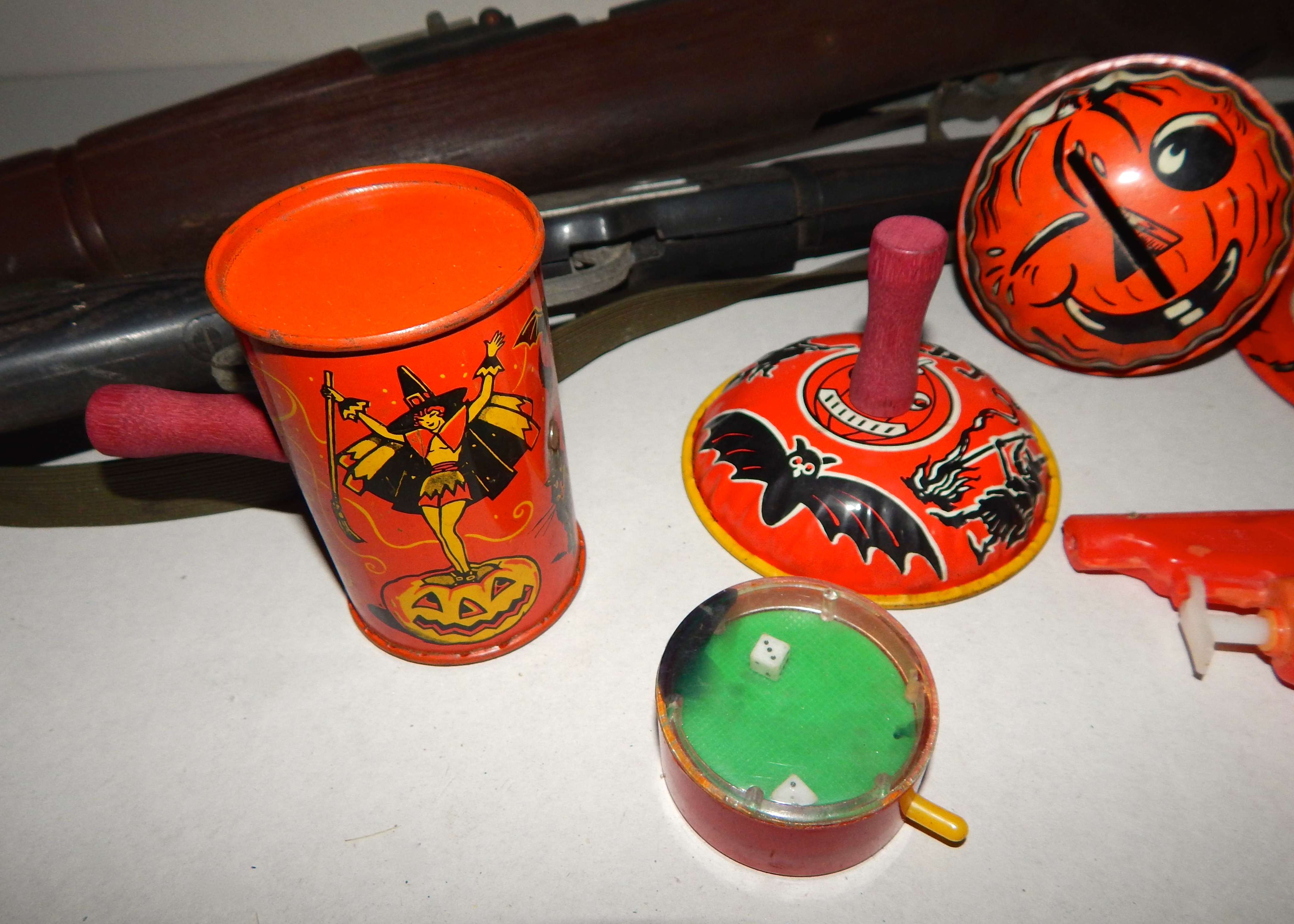 Vintage Halloween Tin Items and Two Vintage Toy Guns