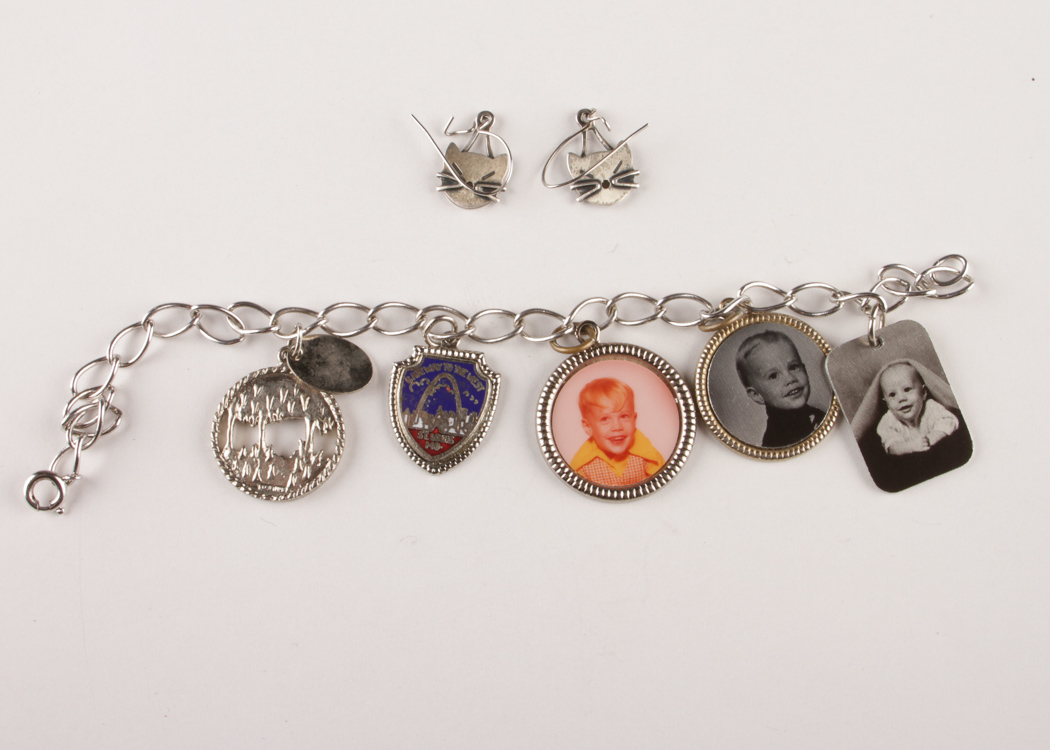 Charm Bracelet with Some Sterling Charms & Cat Earrings