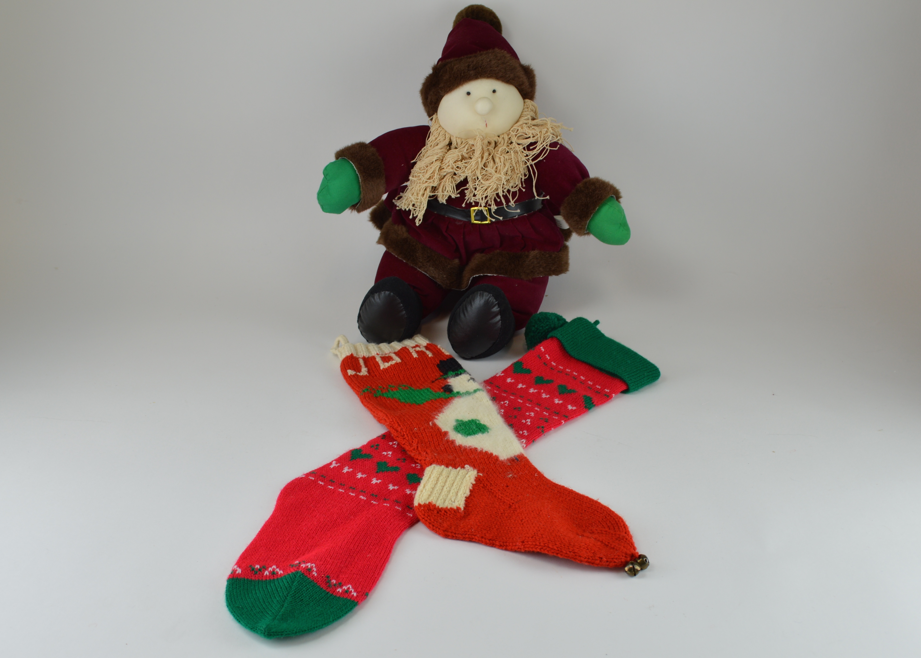 Puffy Velvet Santa and Two Knitted Stockings