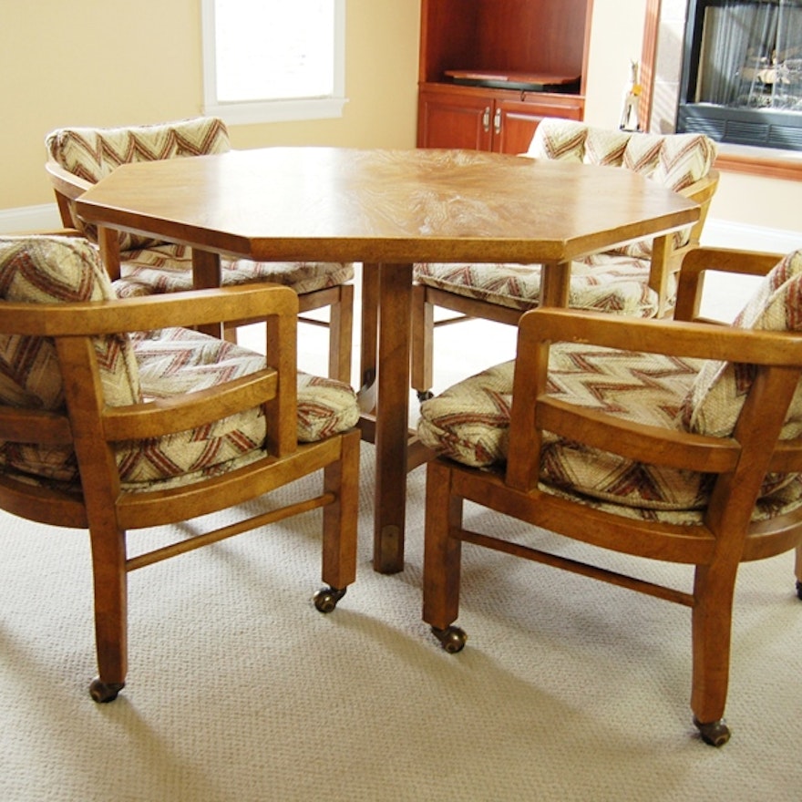 Octagon Shape Game Table and Four Chairs With Casters by Drexel