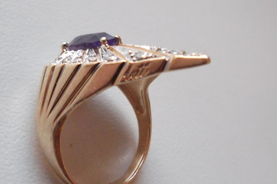 Erte 14K Yellow Gold, Diamond and Amethyst Peacock Ring