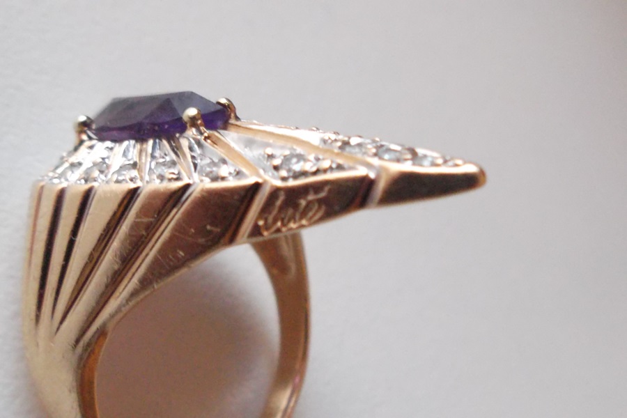 Erte 14K Yellow Gold, Diamond and Amethyst Peacock Ring