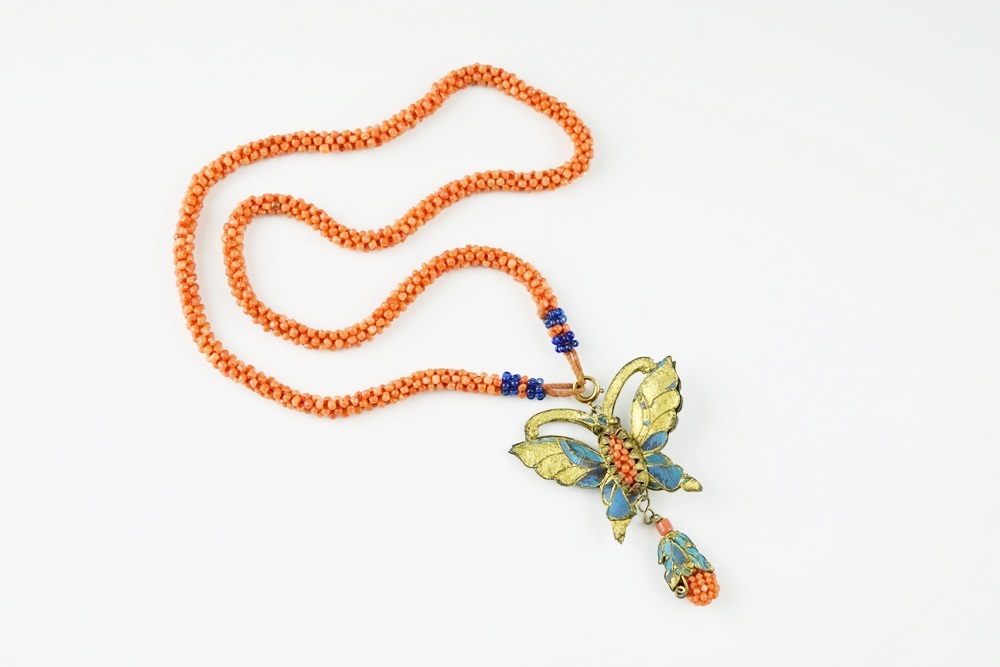 Qing Dynasty Gold Gilt Kingfisher Feather & Coral Necklace