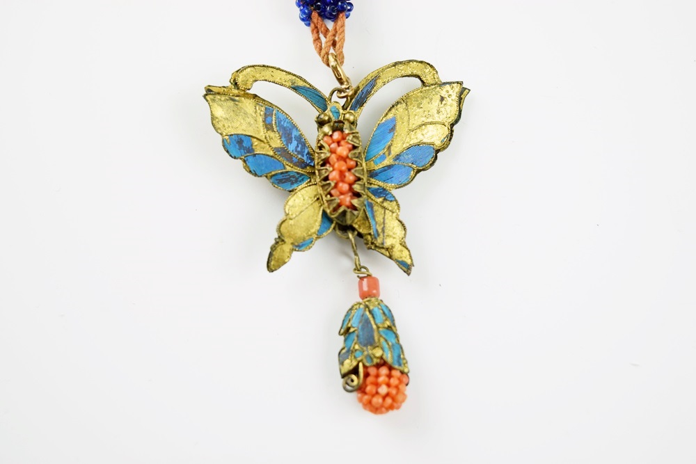 Qing Dynasty Gold Gilt Kingfisher Feather & Coral Necklace