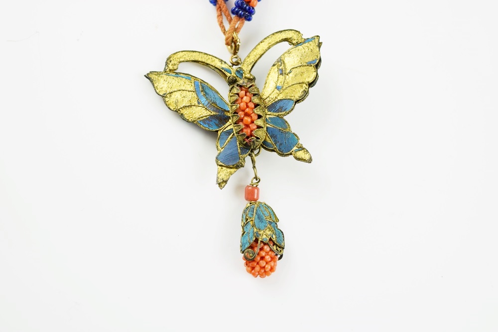Qing Dynasty Gold Gilt Kingfisher Feather & Coral Necklace