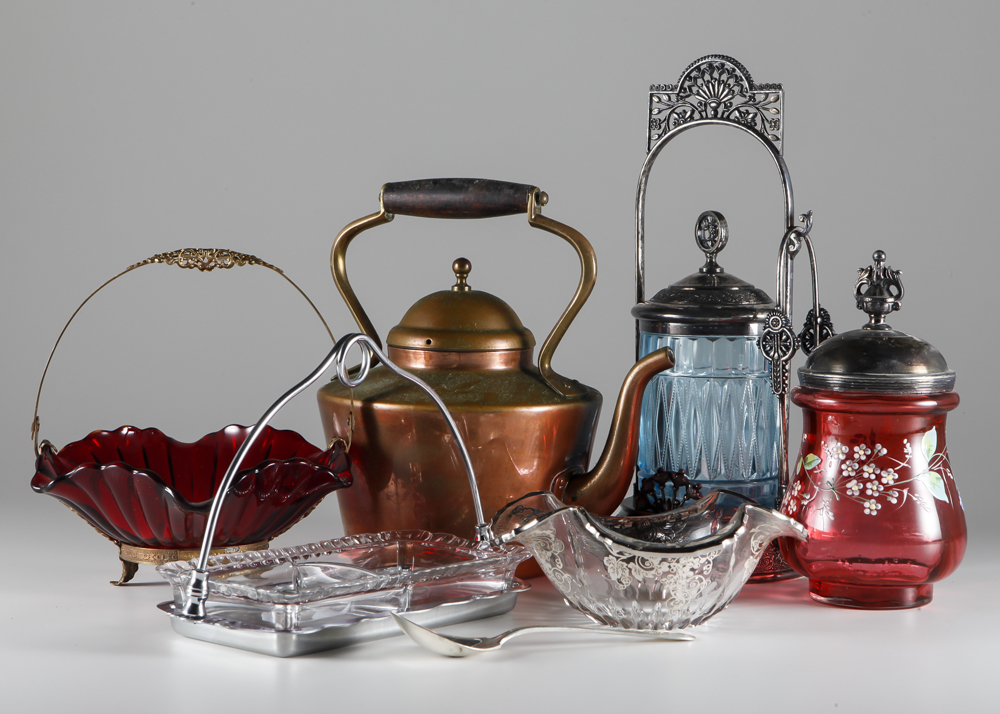 Colorful Glass Serving Ware and Copper Kettle