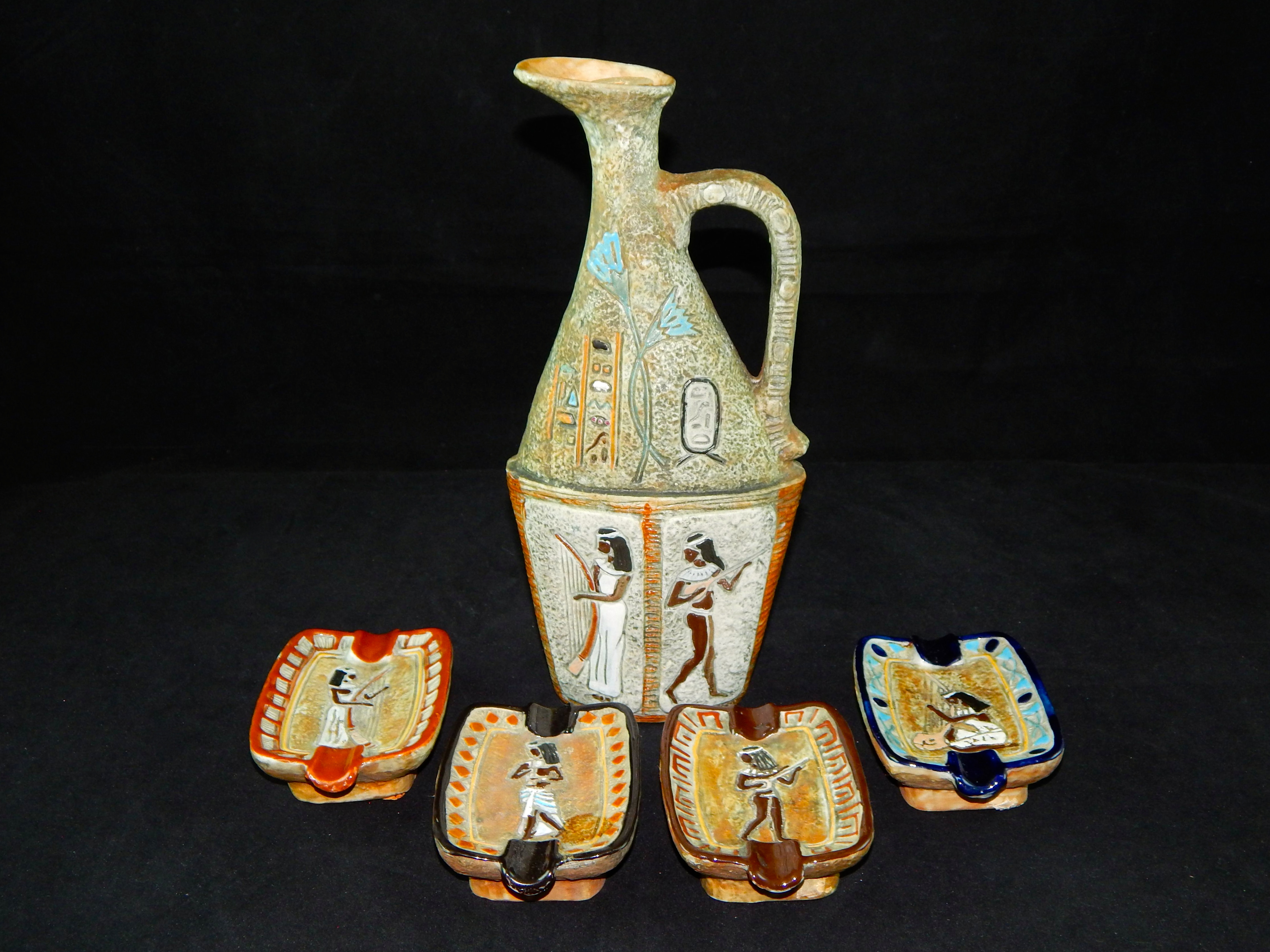 Bischoff Egyptian Musicians Pitcher & Ash Receiver Decanters