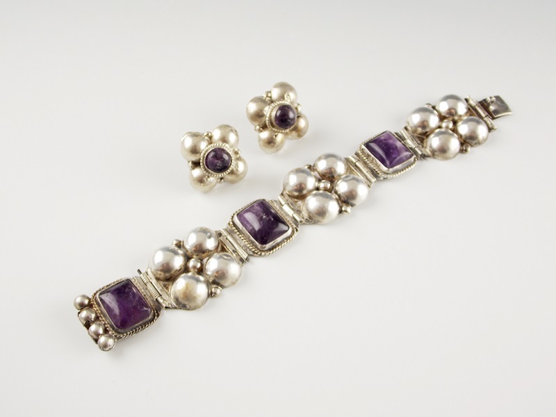 Vintage Mexico Silver and Amethyst Bracelet and Earrings, 1940s