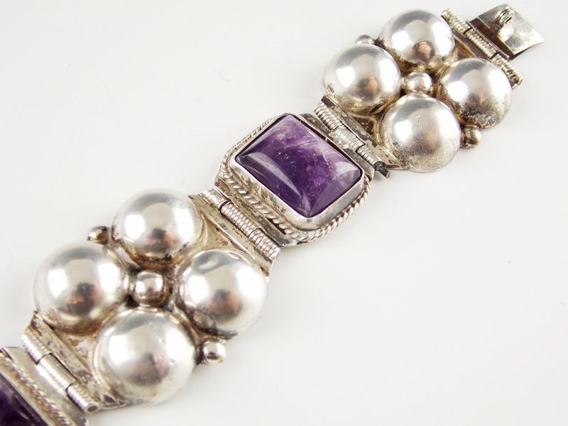 Vintage Mexico Silver and Amethyst Bracelet and Earrings, 1940s