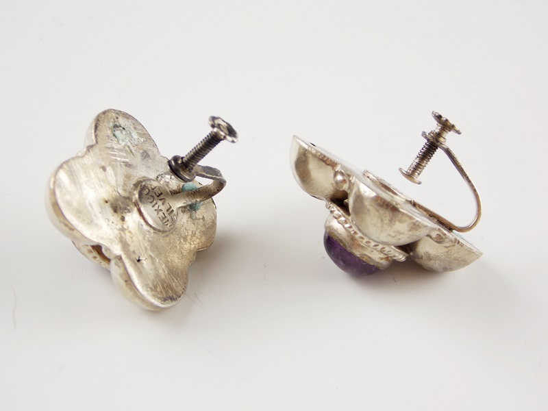 Vintage Mexico Silver and Amethyst Bracelet and Earrings, 1940s
