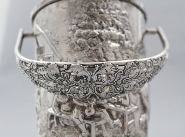 Hans Jensen Silver Plate Repousse Bucket and Tongs Whale Mark