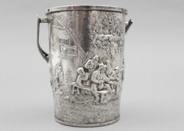 Hans Jensen Silver Plate Repousse Bucket and Tongs Whale Mark