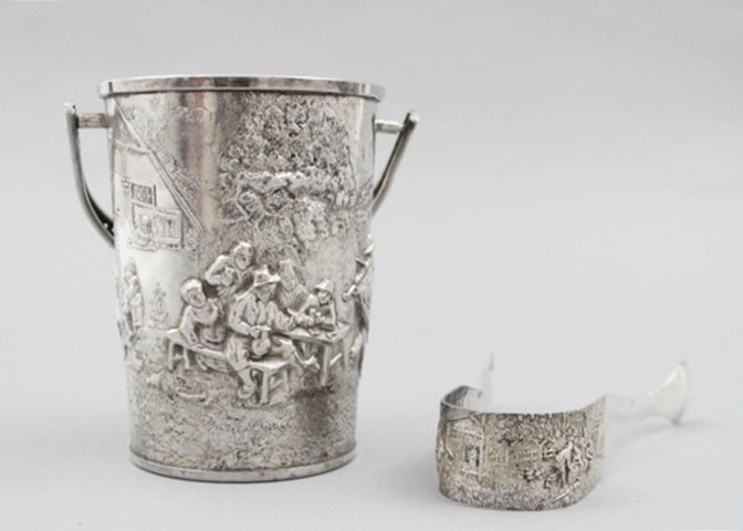Hans Jensen Silver Plate Repousse Bucket and Tongs Whale Mark