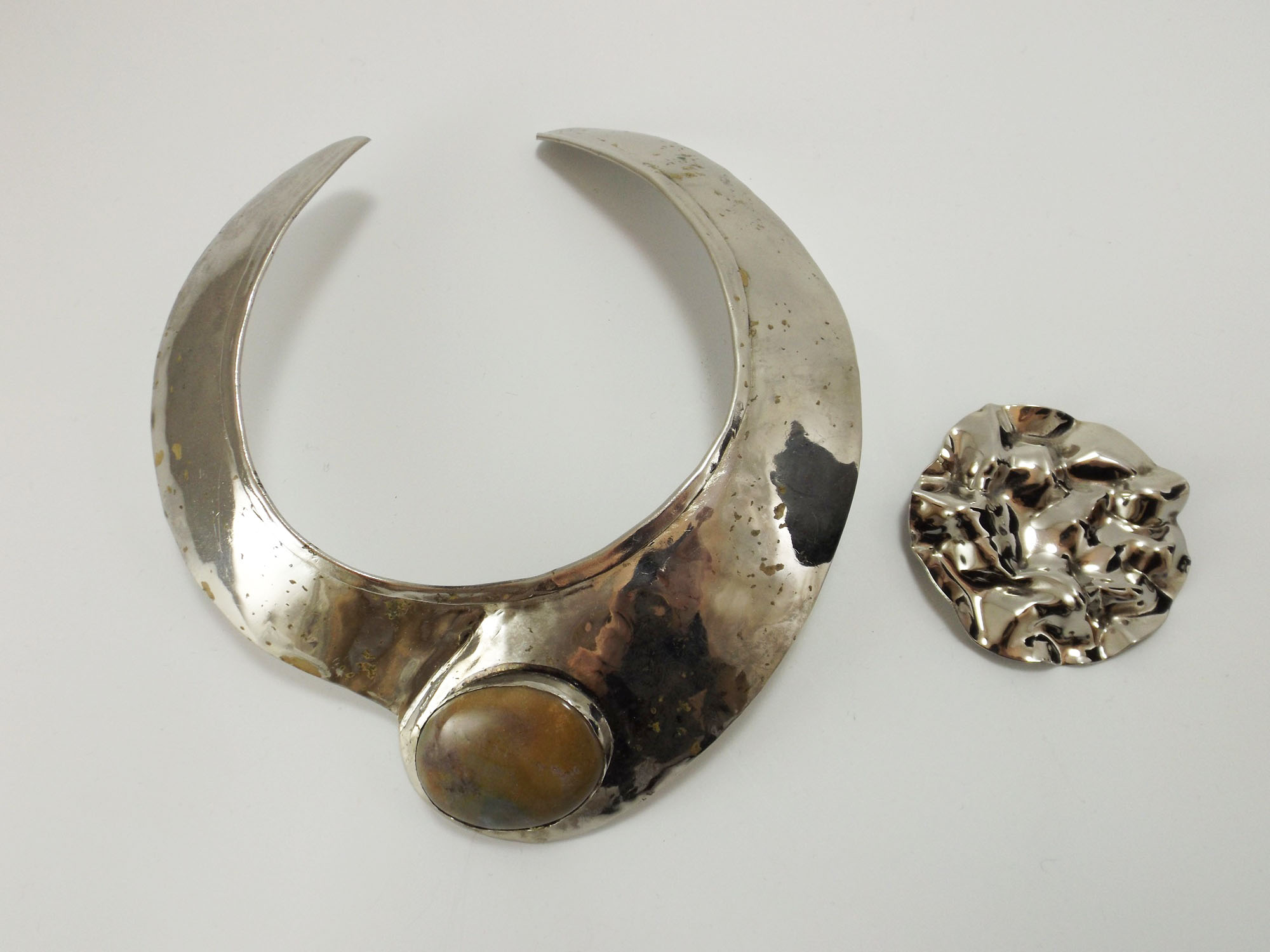 Modern Artisan Polished Silver Metal Pin and Handmade Collar