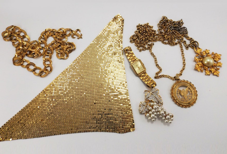 Chic Gold Mesh Bib Necklace, Bill Blass Watch, Glam Pendants