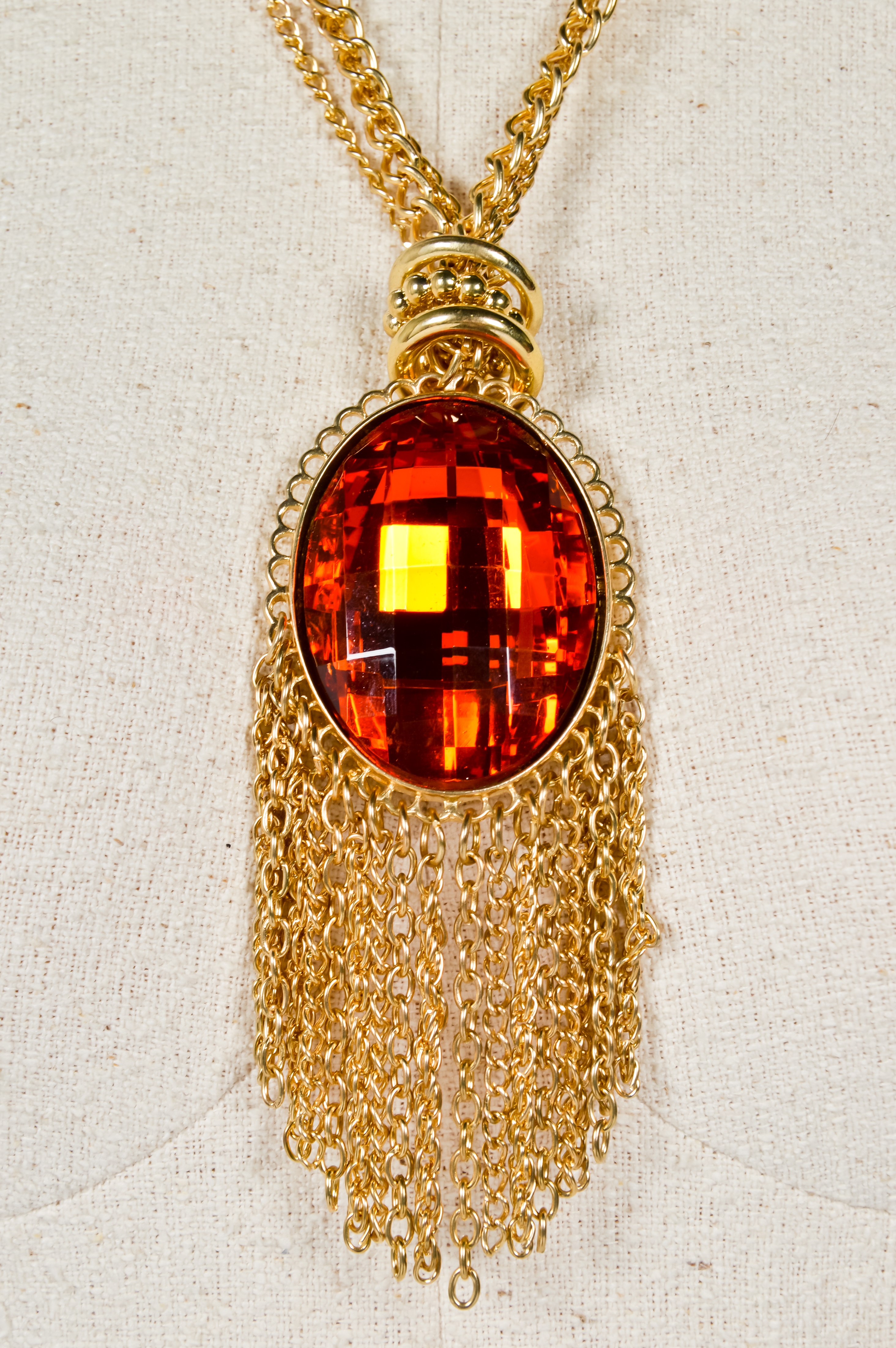 Gold and Amber Toned Fringe Necklace and Earring Set