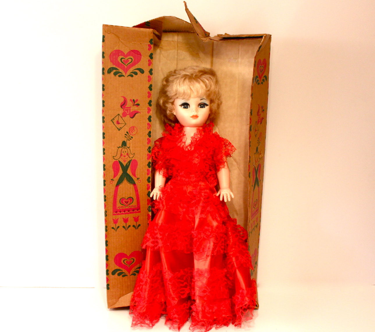 Vintage Ladies Boudoir Glamour Doll in Red Satin and Lace